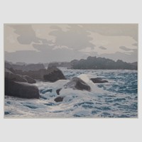 écume dans les rochers - linogravure à plaque perdue - Marielle Le Fur